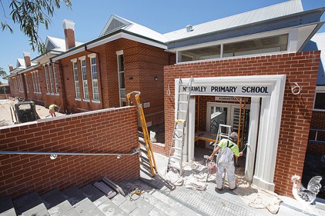 •  Workers put finishing touches to the rebuilt Mt Lawley Primary School, including the restored facade. A funkier side to the historic school. Photos by Matthew Dwyer