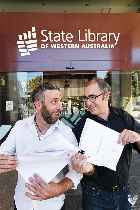 • Nathan Hondros and Damon Lockwood argue about the premier’s book awards. Photo by Matthew Dwyer