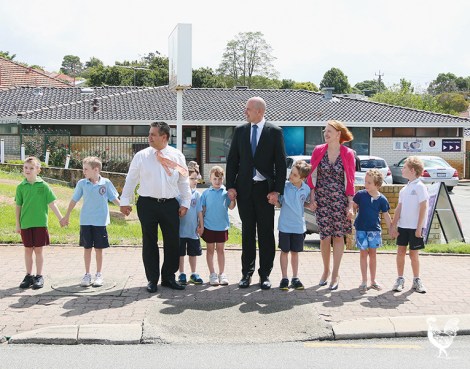 • Transport minister Dean Nalder (middle) with Bayswater mayor Sylvan Albert and east metro MLC Donna Faragher, and kids, at the site of the planned pedestrian crossing on Guildford Road. Photo supplied