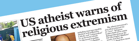 US atheist warns of religious extremism