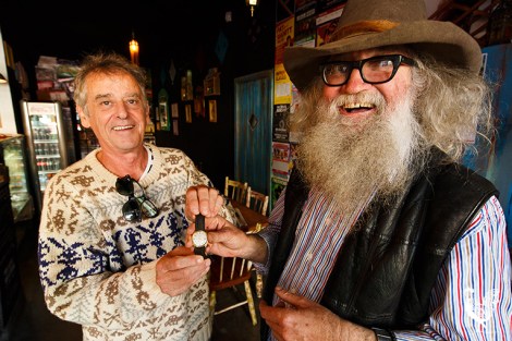 • Mark Kraljevich has taken the return of his long-lost watch (kept for 43 years by Greg Smith, right) as a good omen. Photo by Matthew Dwyer