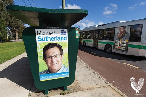 • A politicised bus stop just over the Bayswater council boundary. Photo by Matthew Dwyer The Ed says: Yes, this is the third image of Michael Sutherland in this edition and there are two of his wife, Cr Michelle Sutherland. It’s just coincidence! It wasn’t planned, there’s no anti-Labor conspiracy — so put away those tin-foil hats, folks: they’ll come in handy another day.