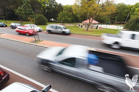 • Cars fairly whip down this narrow road near the Hyde Park playground. Photo by Matthew Dwyer