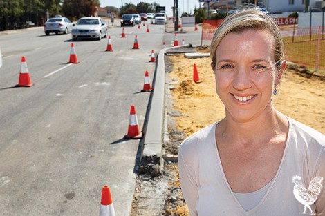 • Cr Stephanie Coates beside the under-construction puffin crossing in Bayswater. Photo by Matthew Dwyer