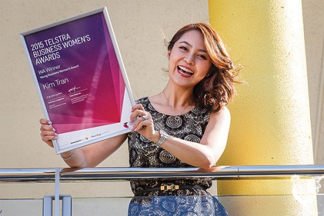 • La Belle Peau beauty clinic owner Kim Tran at home with her Telstra WA young business woman of the year award. Photos by Matthew Dwyer