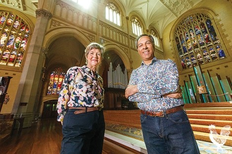 • Anne Stephens and conductor Jangoo Chapkhana in St Mary’s Cathedral. Photo by Matthew Dwyer