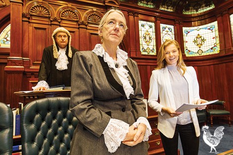 • Sophia Forrest, Michael Loney and Caroline McKenzie gearing up for a dramatised debate at parliament house. Photo by Matthew Dwyer