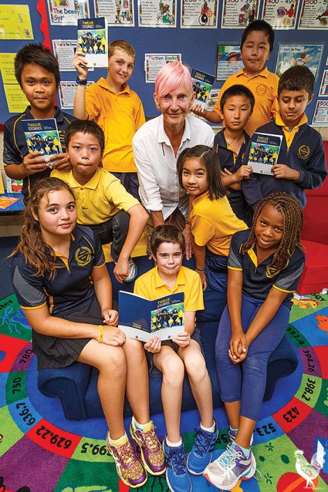 • Gae Oaten, founder of the not-for-profit organisation A Maze of Story, with Embleton primary students, aged from 7-12, who were part of a five-week creative writing program. Photo by Matthew Dwyer
