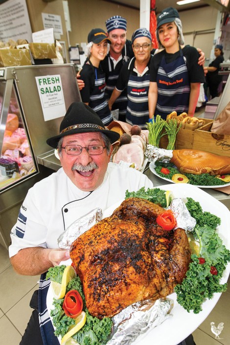 • Beaufort Street’s Mondo Meats owner Vincenzo Garreffa holding a “quintet”—which looks like a turkey but is actually five pheasants in one. A boneless quail is filled with glazed cherries then placed into a boneless spatchcock wrapped in a boneless chicken. This is then placed into a boneless duck, and presented inside a turkey with the wings and leg bones left in. There’s also such as a thing as the “turducken”—a particularly North American tradition which involves stuffing a turkey with duck and chicken. Photo by Matthew Dwyer