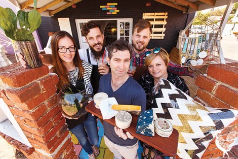 • Your Backyard welcoming committee: Bianca Jowett, curator of That Space and owner of Granite Lane. Charlie and Matthew Stewart from Howdy cafe. Geoff Hodder from Little Cheese shop and event organiser Kylie Elsegood-Smith from the Baysie Rollers community group. Photo by Matthew Dwyer