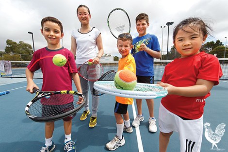 • Zac Segal (blue shirt) and pals hoping to become the next Nick Kyrgios - growls and all. Photo by Matthew Dwyer
