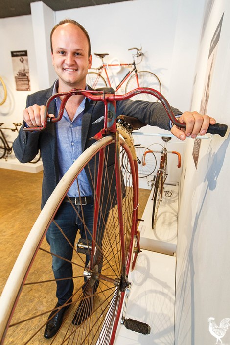 • Museum of Perth chair Reece Harley with a squadron of old timey bikes. Photo by Matthew Dwyer
