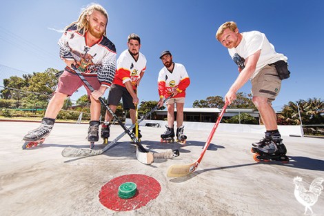 • Street Roller Hockey League members Corey Daffen, Dean Bliesner, Eamonn Lourey and Micha Van De Wall. Photo by Matthew Dwyer