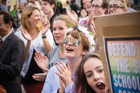 • Safe Schools program supporters at the rally vastly outnumbered the “six, angry pointless men” from the fascist UPF. Photo by Marziya Mohammedali
