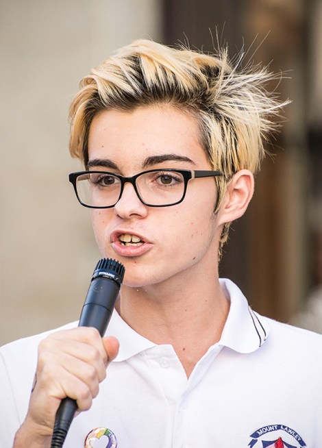 • High school student Oscar Kaspi-Crutchett spoke at the Safe Schools rally and was targeted online by United Patriot Front supporters. Photo by Marziya Mohammedali