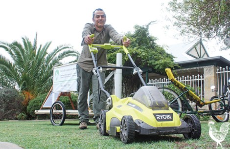 • Tim Frodsham’s mowing round promises zero emissions. Photo by Steve Grant
