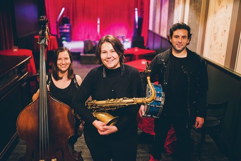 • Gemma Farrell (with sax) and fellow jazz young guns Kate Pass and Francisco Munoz. Photo supplied