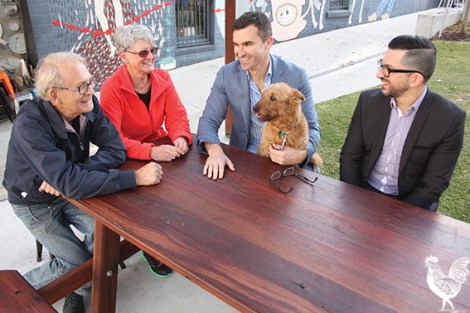 • Long-time residents Geoff Cooper and Geraldine Box chat with newish mayor John Carey and CEO Len Kosova about the city’s soaring popularity. Photo by David Bell