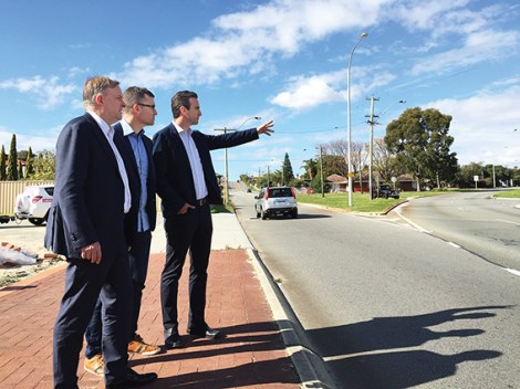 • Labor’s federal Perth candidate Tim Hammond and state contender/Vincent mayor John Carey showing Anthony Albanese around the cursed crossover on Sunday.