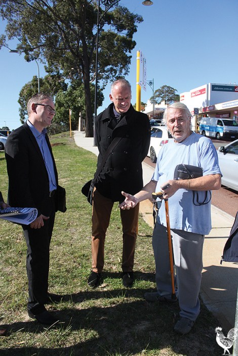 • Future Bayswater members Andrew Watt and Paul Shanahan chat with a local Ray Dunbar, who stopped by to offer his two cents on how difficult it is for pedestrians to cross roads in the town centre. Photo by David Bell