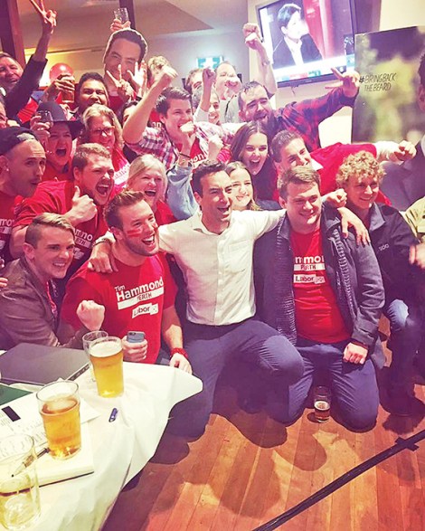 • Tim Hammond celebrates his electoral victory with supporters.