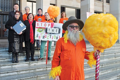 • The Lorax, aka tree-speaker Greg Smith, at parliament house with environment shadow Chris Tallentire, MP Lisa Baker and other wetlands protestors.
