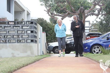 • Suresh Rajan and fellow Yokine walker Marie Evans discuss thoughtless parkers. Photo by Steve Grant