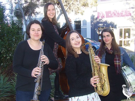 Gemma Farrell (soprano sax) Alana MacPherson (alsto sax) Talya Valenti (drums) and Kate Pass (double bass) are carrying the torch for women in jazz. Photo by Jenny D’Anger