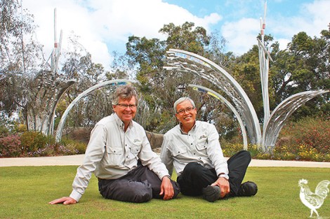 • Kings Park’s senior curator Grady Brand and curator Peter Nguyen strike a pose under the new sculpture while the park blooms around them. Photo by Steve Grant