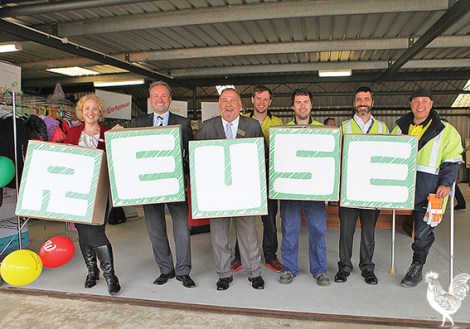 • Stirling mayor Giovanni Italiano and Waste Authority chair Marcus Geisler with staff from the council and Workpower at the re-opening of the tip shop. Photo by Michael Gill
