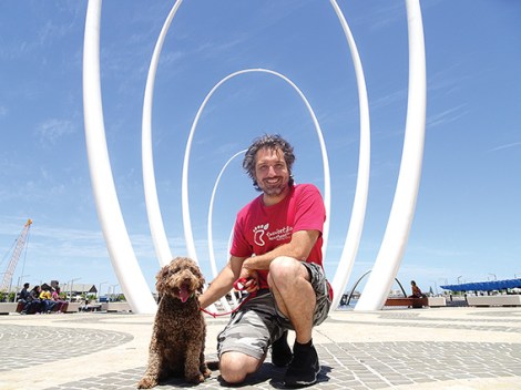 • Two Feet GM Ryan Zaknich with his spoodle Steve, checking out the Spanda at Elizabeth Quay. 