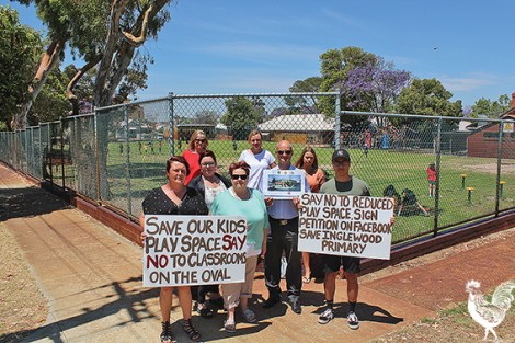 • Parents and neighbours protest a new building being dumped on the Inglewood primary school oval where children play.