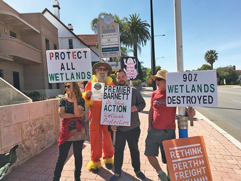 • Protestors outside Michael Sutherland’s office. They want him to pressure the WAPC to buy the Carter wetlands.