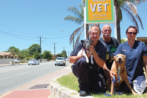 • Steve Baker, Sue Golden, Frankie, and Maggot (their pooches) would be forced into relocating their vet clinic if the proposed 12m is lopped from the property.