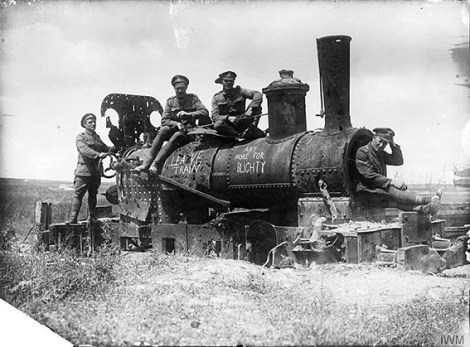 • Allied railwaymen aboard a captured German train at Ypres in 1917.