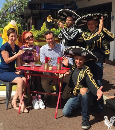 • Emma Cole, De Williams and David Doy are entertained by David Galloway, Theo Kalogeracos and Jimmy Murphy.