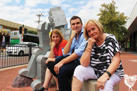 • Labor’s shadow minister for planning Rita Saffioti and Perth candidate John Care join North Perth Local chair Ida Smithwick and Vincent’s robot statue in pondering what a town square in North Perth might look like. Mr Carey’s committed Labor to spending $250,000 in the town centre if elected in March.