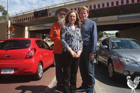 • Party leader Julie Mathieson and candidateds Greg Smith and Russell Goodrick: Keeping the Bayswater underpass is one of the many, many ways the Maylands candidate is setting himself apart from the big parties. Photo by Steve Grant